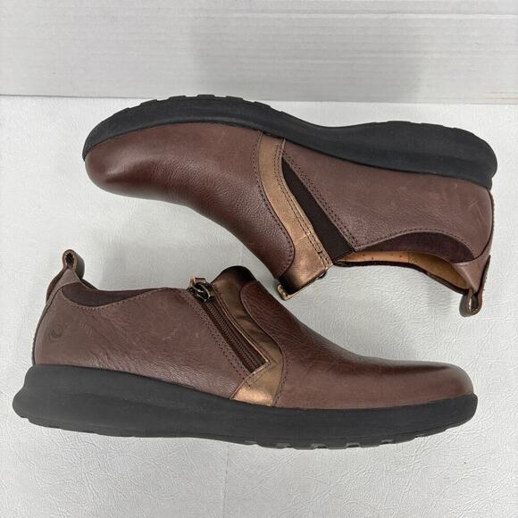 Clarks Loafer Shoe Size 8 Brown Copper Leather Side Zip Slip On Comfort - Picture 2 of 10